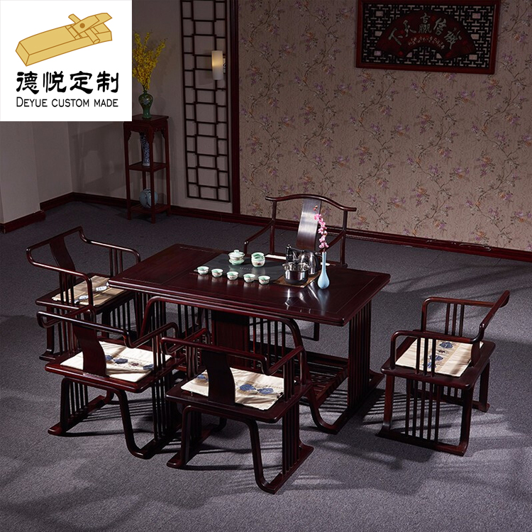 红木家具 东非酸枝实木功夫茶桌 新中式古典雕花组合 禅意茶桌喝茶桌