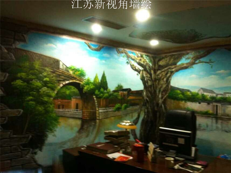 南京风景画墙绘办公室长城手绘墙3d油画壁画质保5年