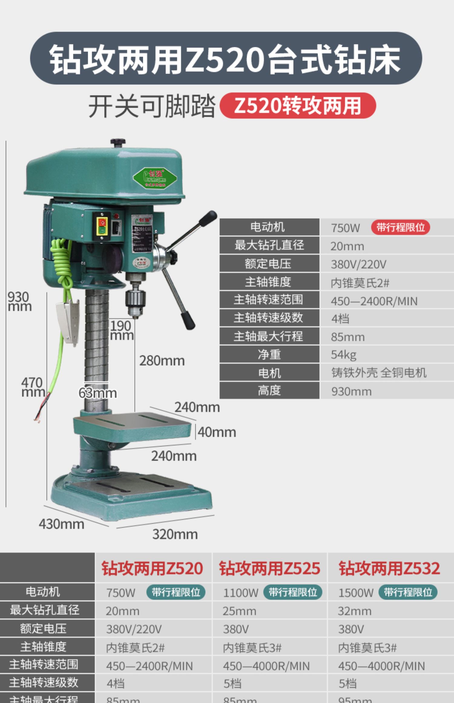 创强台钻工业级钻铣一体台钻家用小型220v750w电机大功率三相