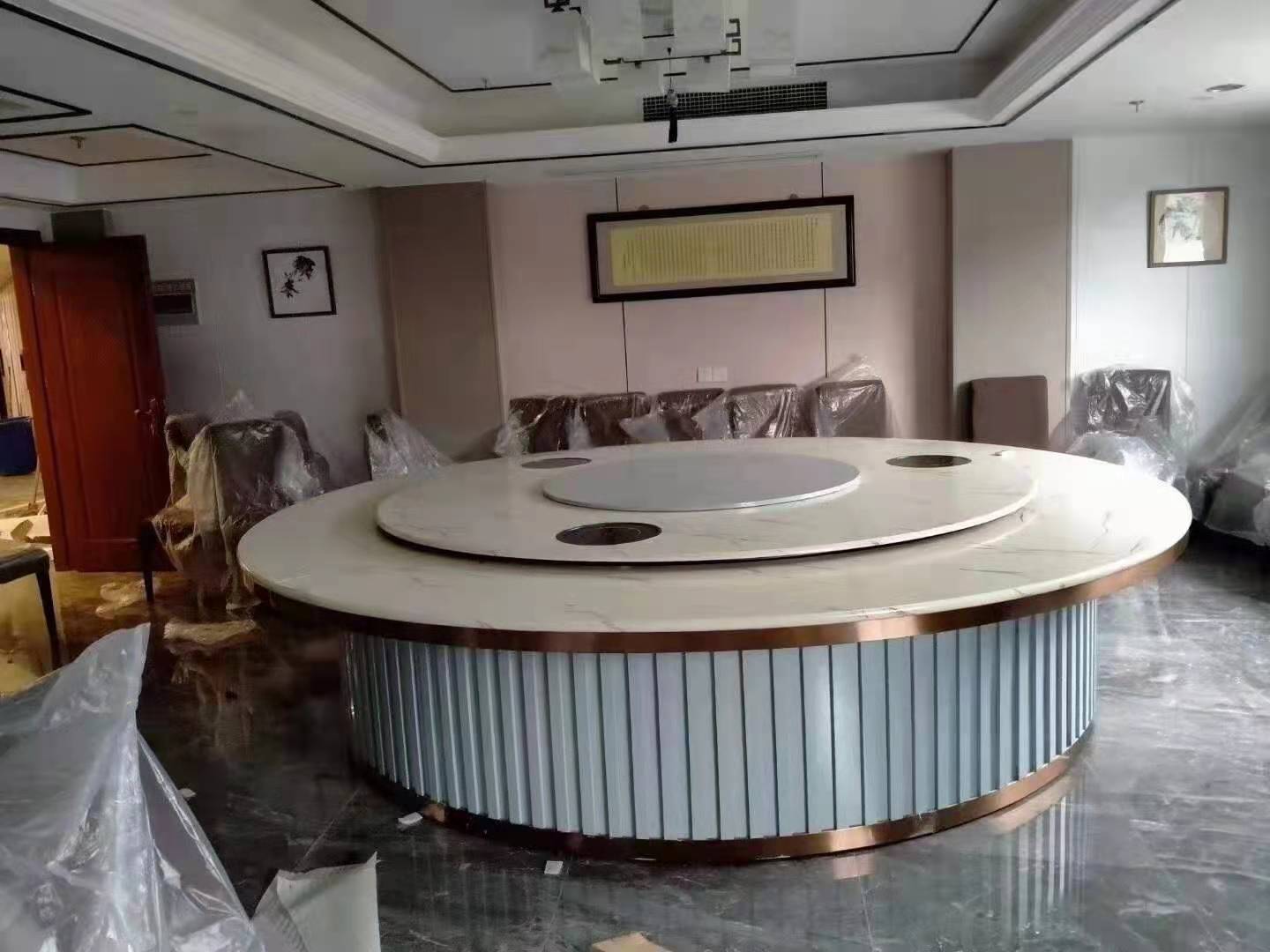 大理石餐桌电动餐桌圆桌实木电动雕花桌电动大圆桌佛山艺匠凰家
