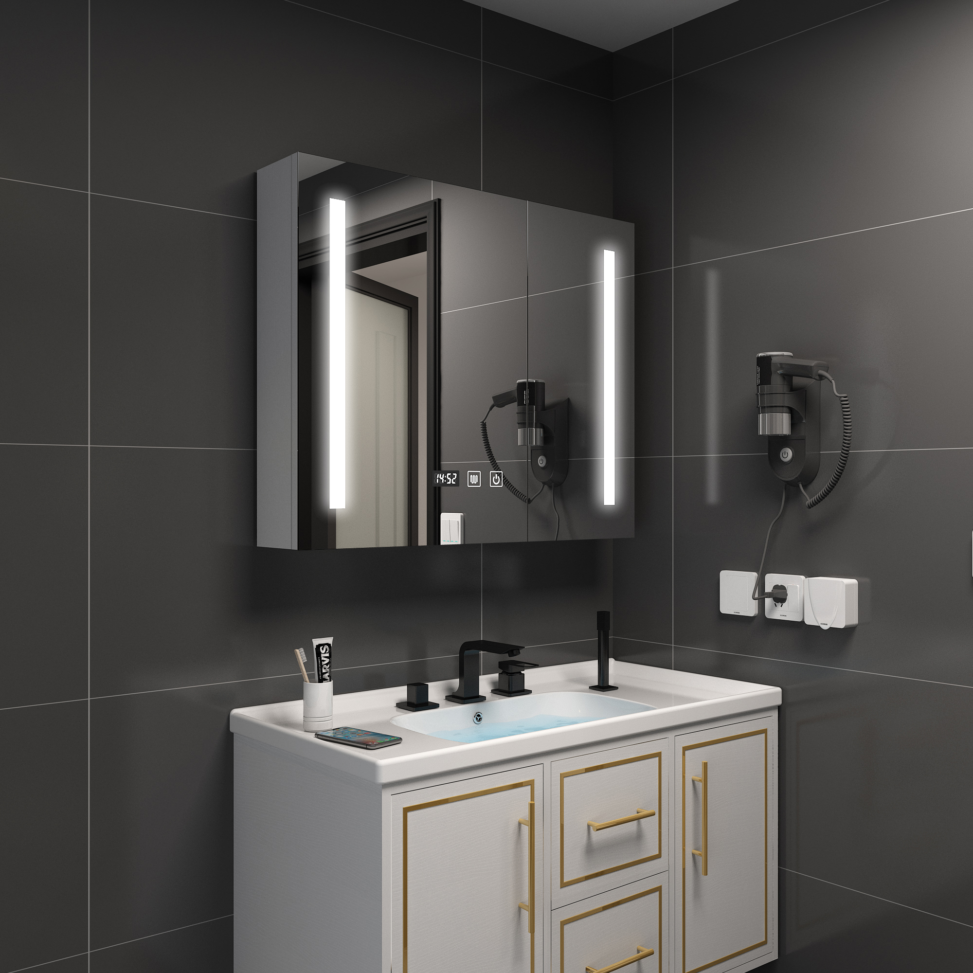 浴室智能镜柜单独挂墙式收纳带置物架一体卫生间除雾实木定制带灯