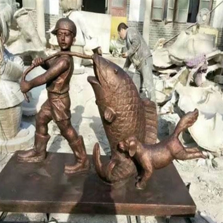 公园儿童钓鱼铜雕塑 铸铜儿童雕塑定制 设计纯铜儿童人物摆件