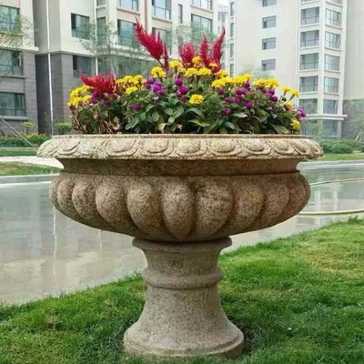花岗岩花钵黄锈石石雕花盆定制