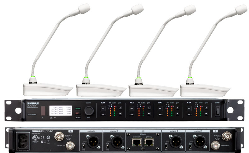 shureulxd84qmx410舒尔一拖四无线数字会议话筒四通道无线数