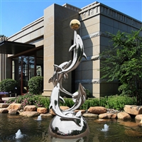 镜面不锈钢海豚雕塑，水景雕塑小品