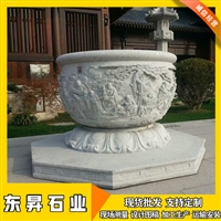 石雕鱼缸花钵 中式庭院石头花缸 休闲观赏圆形水缸摆件