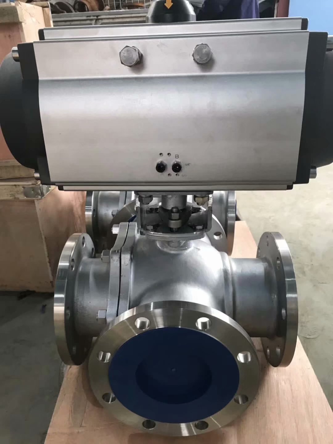 q645f-16p不锈钢气动三通法兰球阀 蒸汽油三通换向切断球阀