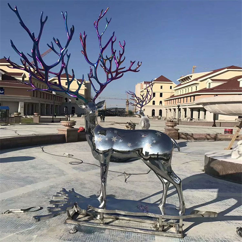 不锈钢镜面鹿雕塑,镜面不锈钢动物雕塑