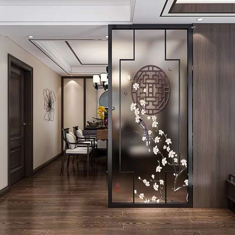 花鸟画艺术玻璃屏风梅花隔断磨砂玻璃不锈钢屏风隔断玻璃