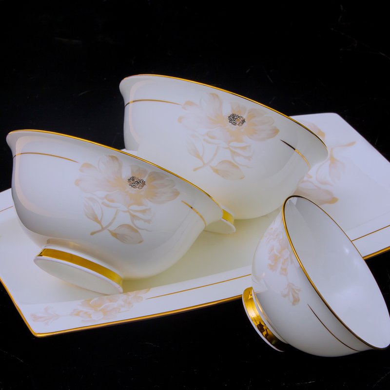 景德镇陶瓷餐具厂家批发 60头金边一花一世界陶瓷餐具