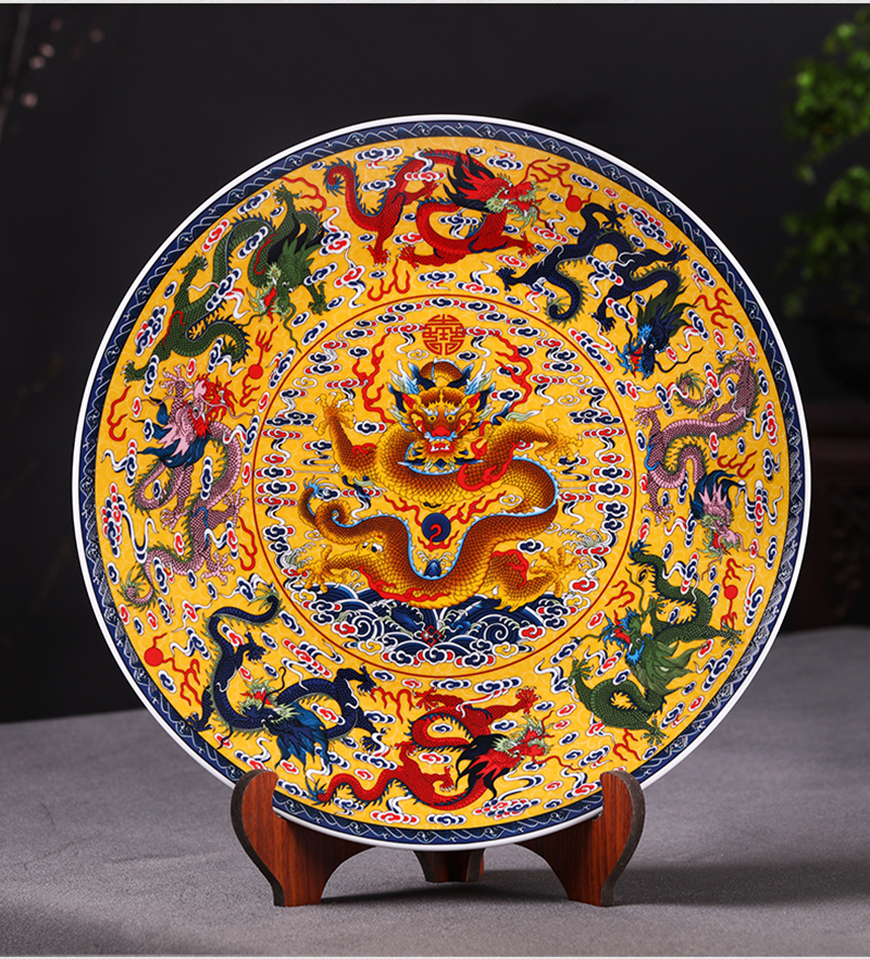 陶瓷工艺盘厂家 景德镇陶瓷装饰瓷盘 九龙图家居摆件工艺盘