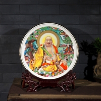 合燊陶瓷工艺盘厂家 30公分金边弥勒佛摆件 陶瓷工艺盘定制礼品