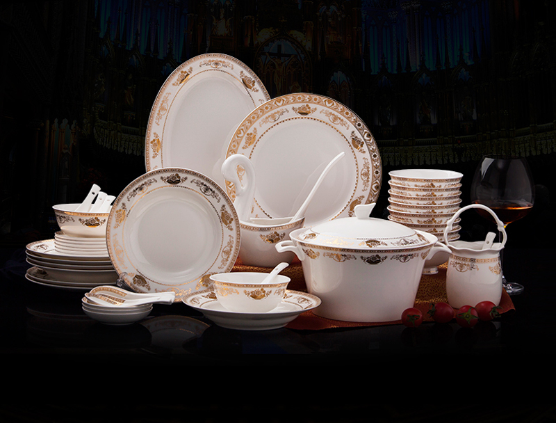 骨瓷碗碟套装景德镇碗盘家用欧式金边58件陶瓷餐具皇家盛宴