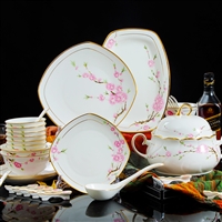 陶瓷礼品餐具套装 新欧式田园镶金碗盘组合 釉上彩水点桃花餐具