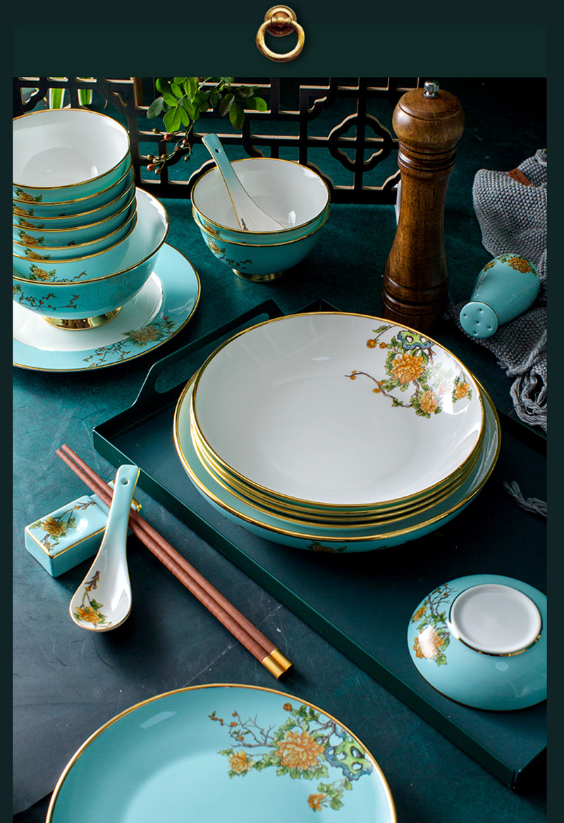 陶瓷礼品餐具 中式骨瓷高档餐具套装 描金碗盘碟花开富贵家用送礼