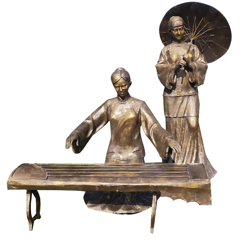 古代少年弹古筝铜雕