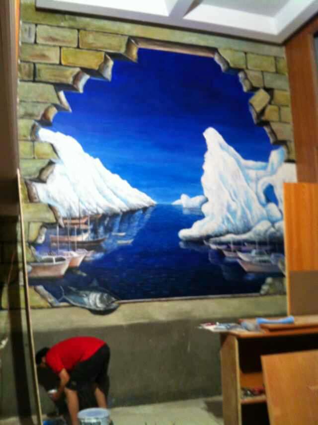 上门墙上图画 立体风景3d画 江阴3d墙绘定制 冰川 藤蔓图案