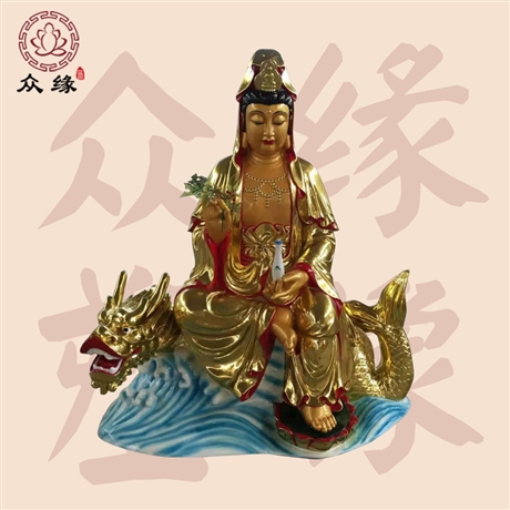 寺庙祠堂工艺品摆件批发 踏龙荷叶观世音雕像