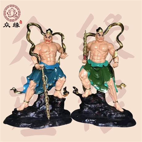 郑伦陈奇哼哈二将神像图片 木雕彩绘佛像价格
