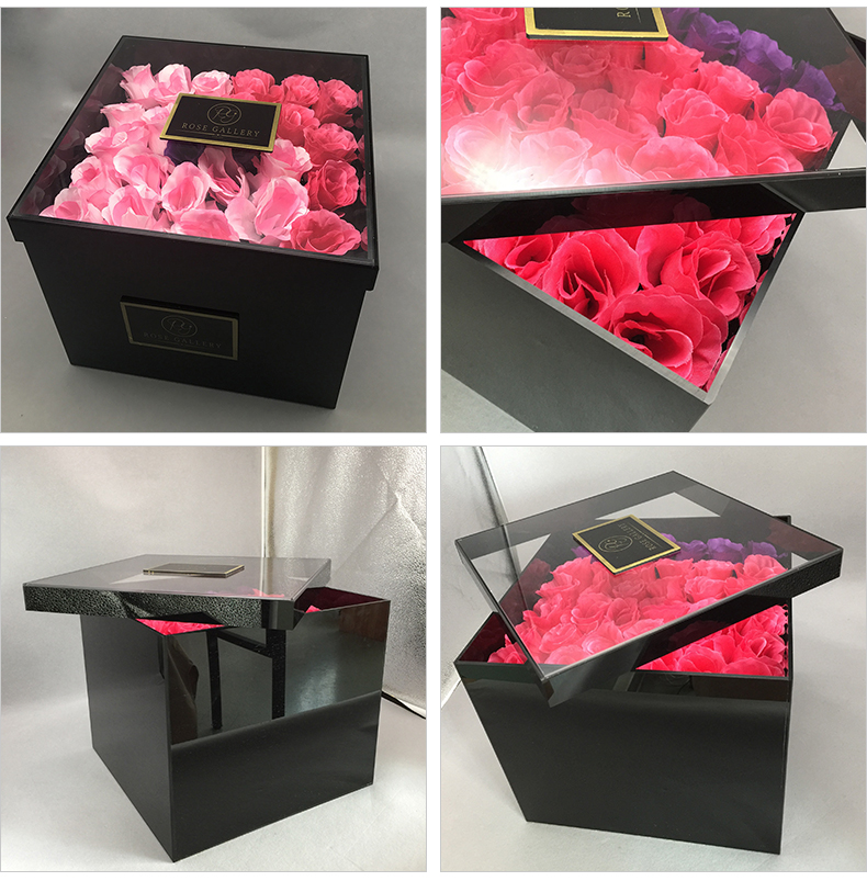 亚克力玫瑰花盒 黑色永生玫瑰花礼品盒子16支32支玫瑰鲜花包装盒