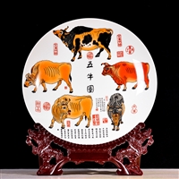 景德镇陶瓷工艺盘牛年摆件 五牛图装饰看盘 中式家居摆件自用送礼