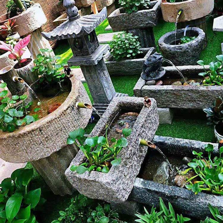 庭院青石荷花缸鱼缸户外圆石缸装饰庭院石头鱼缸产地货源