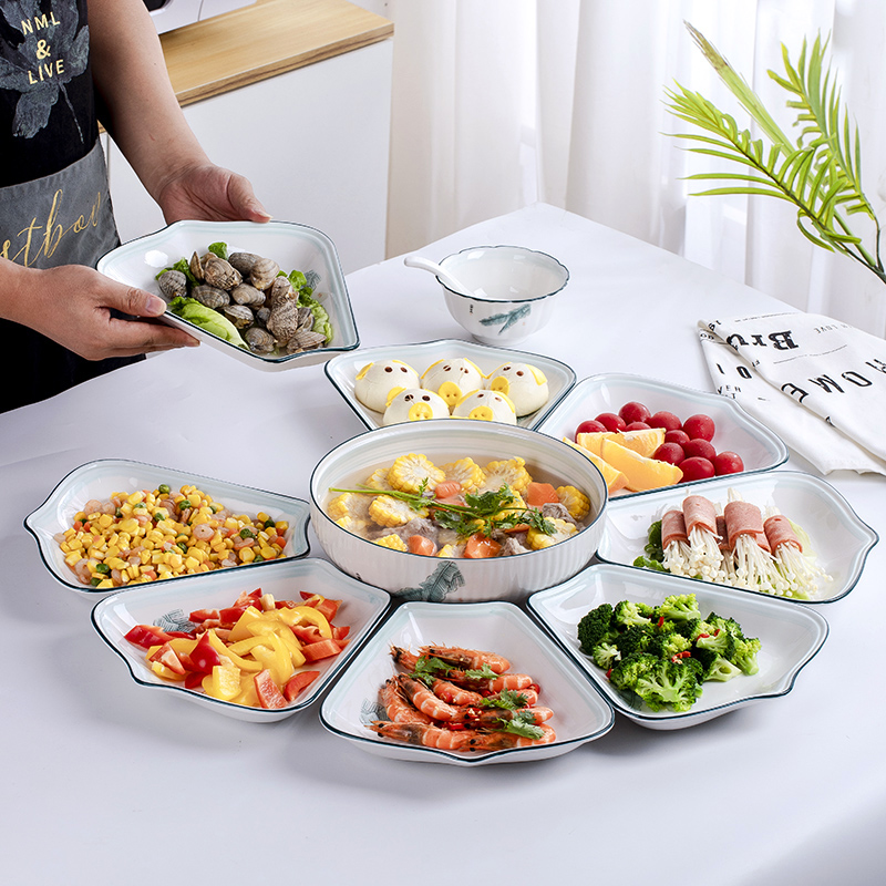 网红套装拼盘餐具组合 过年团圆陶瓷菜盘 扇形盘子创意家用年夜饭