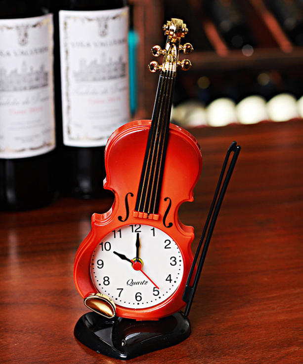 小提琴闹钟创意乐器造型桌面时钟客厅塑料摆件学生台钟座钟