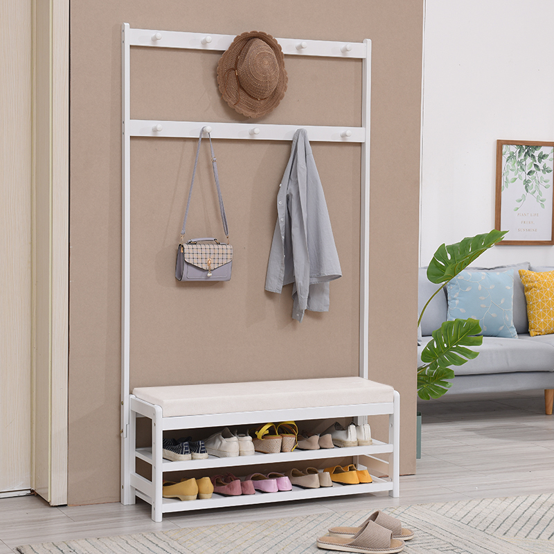 席豪实木衣架落地家用门口挂衣架鞋架一体门厅衣架柜换鞋凳鞋柜