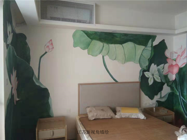 公寓酒店房墙绘 上海电视墙彩绘 床头背景墙墙体手绘荷花