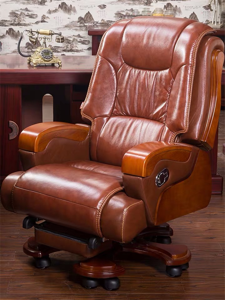 云南老板办公室班椅 真皮可升降座椅 三泰家具 实木角可躺牛皮椅
