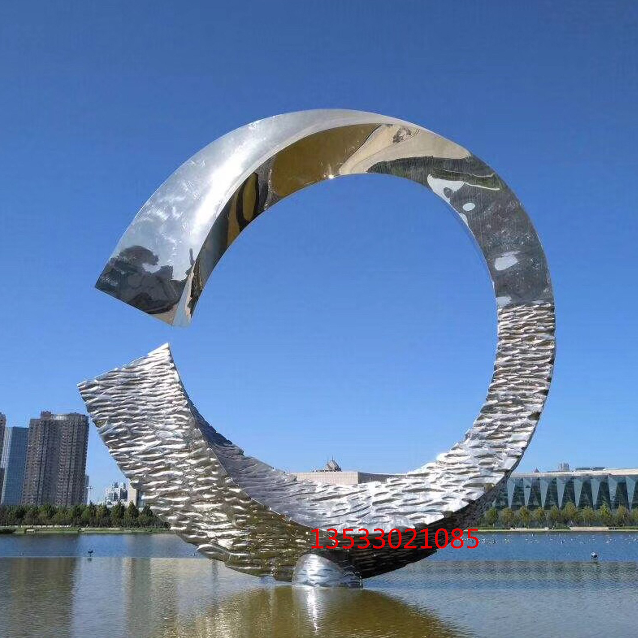 不锈钢水景月亮雕塑 广东金属圆环水景雕塑 户外园林景观抽象月亮