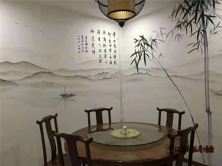 餐馆墙体彩绘中式手绘墙水墨彩绘南京餐馆墙绘壁画唯美大气