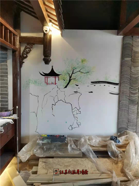 彩绘墙中式江南山水风景墙绘墙体彩绘室外可写墙面大字