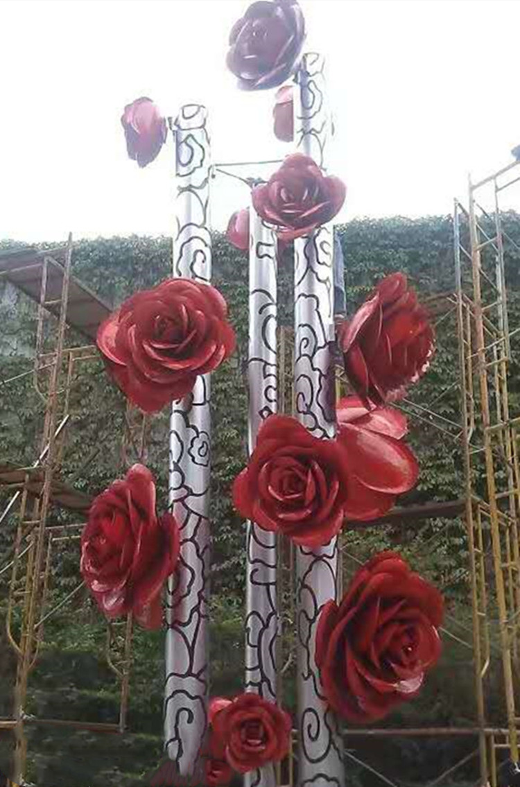 亮光不锈钢玫瑰花雕塑灯光水景艺术
