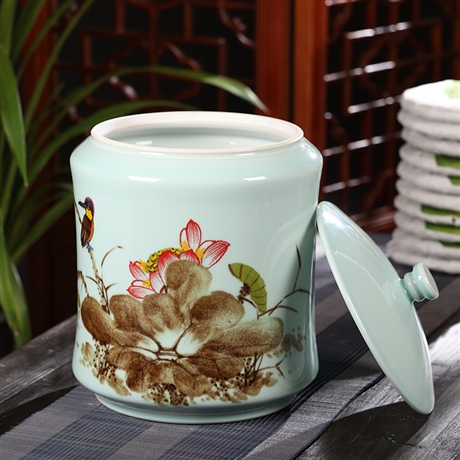 景德镇手绘陶瓷茶缸大号6斤装存茶储物罐手绘青瓷荷花茶叶罐