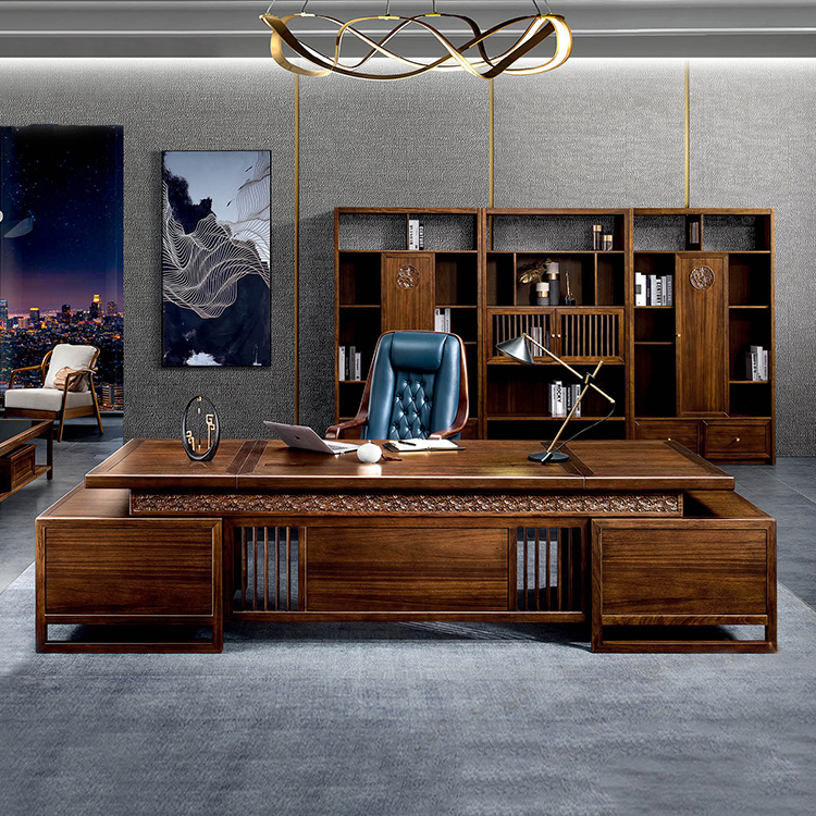 新中式实木办公桌现代大班台办公家具乌金木定制