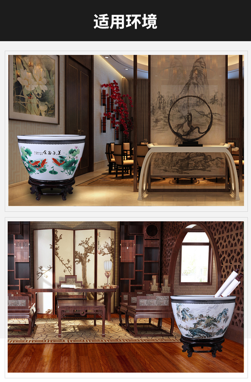 陶瓷缸送底座景德镇手绘粉彩陶瓷鱼缸大号水缸客厅摆件书画缸