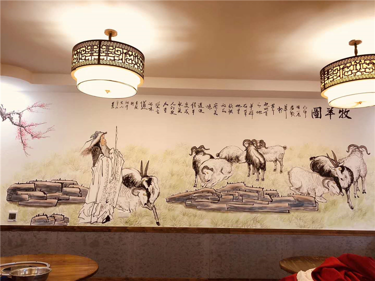 墙体彩绘国画 羊肉面馆墙体国画 餐馆文化宣传与艺术相结合 新视角