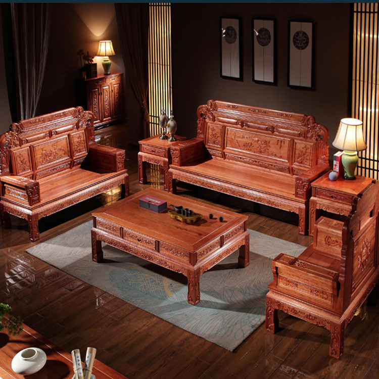 红木沙发 菠萝格木沙发组合 新中式花梨仿古红木家具 客厅明式五件套