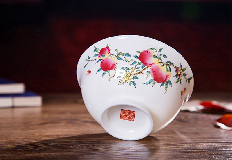 老人寿辰答谢礼品寿碗定制骨质瓷中式粉彩寿桃高足寿碗不烫手