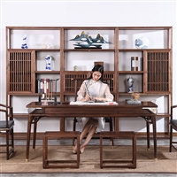 新中式实木茶桌椅组合老榆木简约书桌黑胡桃木茶台办公电脑桌两用