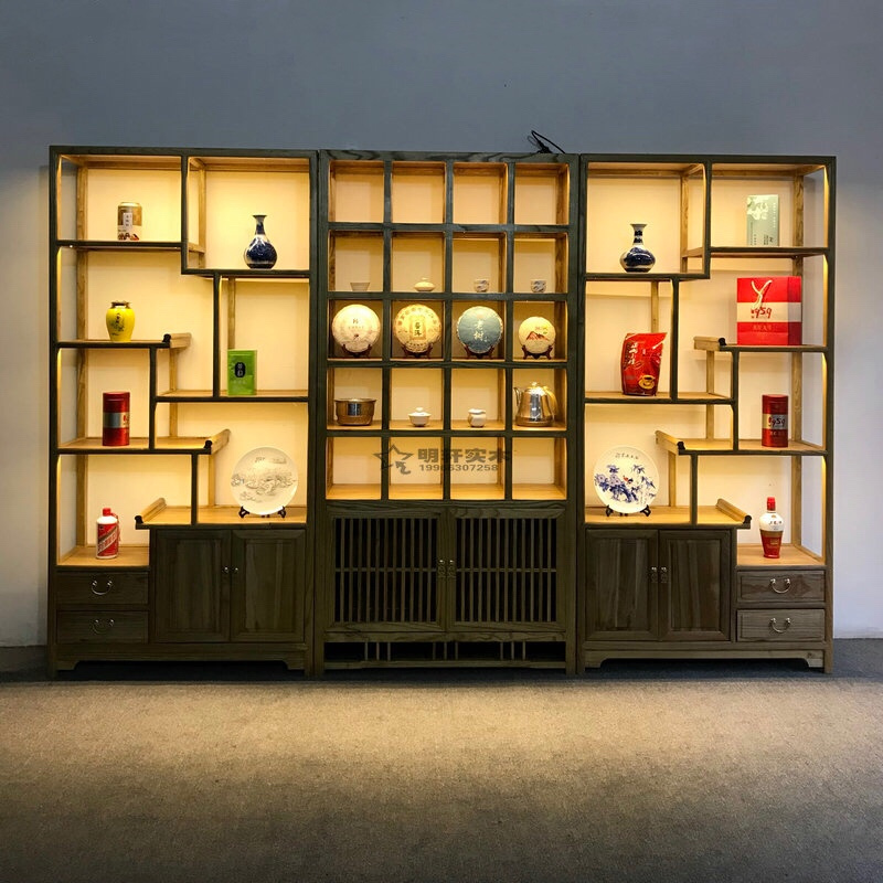 中山禅意新中式全实木大书柜自由组合多宝阁储物格书架整面墙体书橱