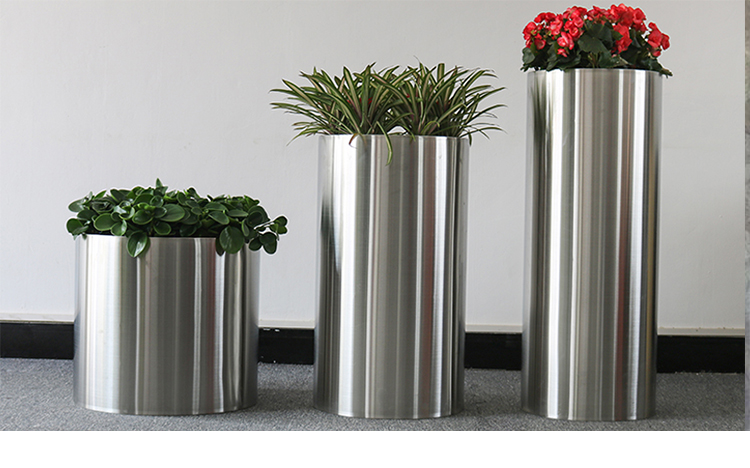 成都不锈钢圆柱花盆户外市政成品组合花钵商场大厅花箱定制厂家