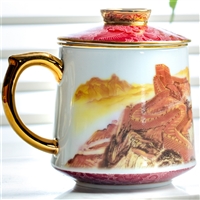 创意礼品茶杯 景德镇陶瓷茶杯厂家 创意描金万里长城办公杯礼品