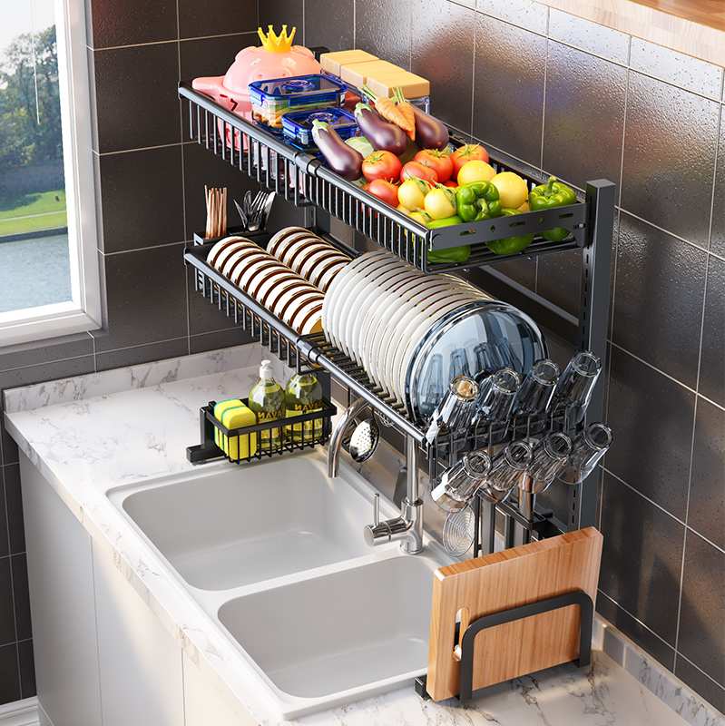 可伸缩碗架厨房沥水置物架家用水槽台面晾放碗筷收纳架双层碗碟架
