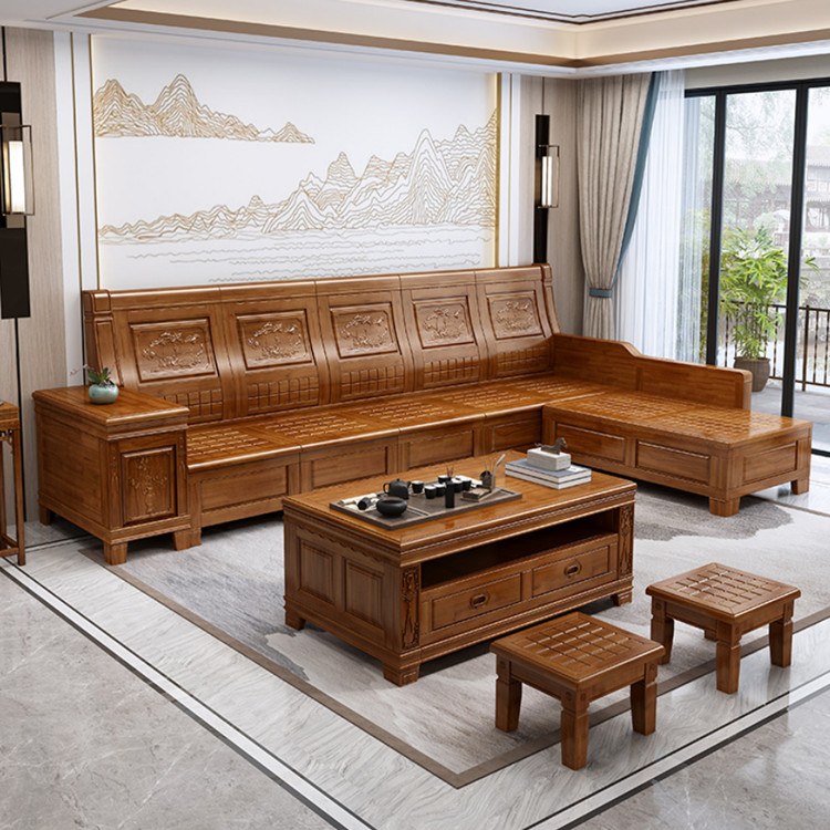 贵州香樟木沙发组合 新中式实木沙发冬夏两用 储物转角贵妃客厅家具