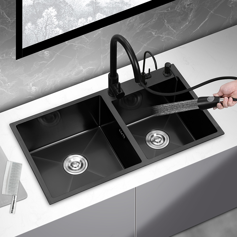 迪赛斯黑色纳米水槽双槽 厨房洗菜盆304不锈钢手工家用洗碗池套餐