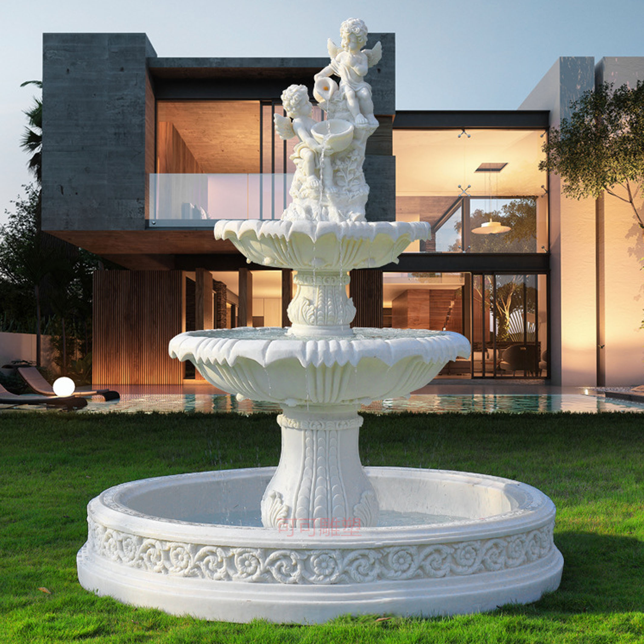 别墅鱼池水景观喷泉 砂岩欧式天使喷泉雕塑 庭院砂岩流水喷泉摆件