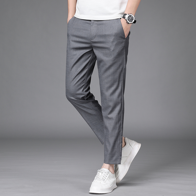 夏季九分休闲裤男士灰色薄款透气宽松冰丝修身中腰小脚长裤西裤潮